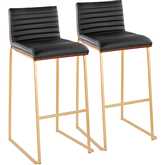 Mason Mara 30" Bar Stool in Gold, Walnut Wood & Black Leatherette (Set of 2)